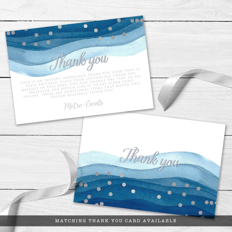 May include: Two white thank you cards with a watercolor design in shades of blue and silver accents. The cards feature the text "Thank you" in silver script. Additional text is present.