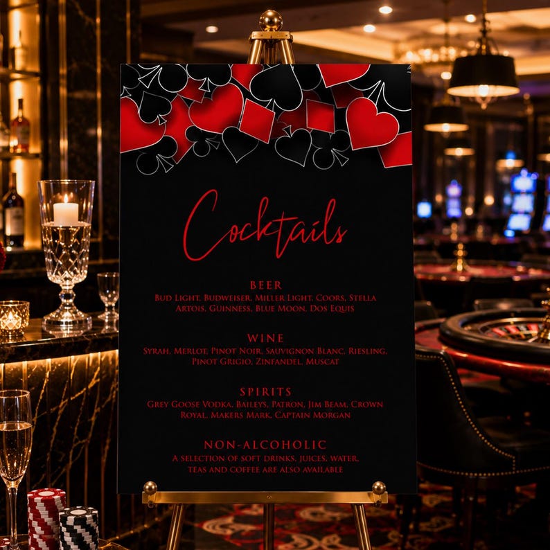 May include: A black rectangular sign on a gold easel featuring red and black playing card suit icons at the top. The text reads Cocktails, Beer, Wine, Spirits, and Non-Alcoholic, followed by lists of various beverage brands and types in red.