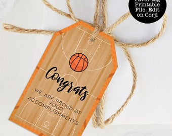 Basketball Favor Tags, Sports Gift Tags, Favor Tags, Printable Gift Tags, Gift Tag Template, Corjl Template Favor Tag, Congratulations Tags