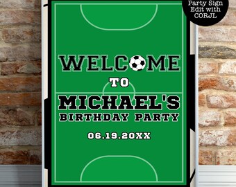 May include: A framed party sign with a soccer field design. The sign reads "WELCOME TO MICHAEL'S BIRTHDAY PARTY" with a soccer ball graphic. The date "06.19.20XX" is also displayed. The sign is framed in a white border.