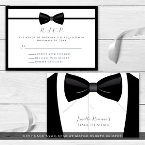 Editable black and white RSVP card great for galas, black tie weddings, charity auctions, corporate parties & more. Featuring a tuxedo bowtie and elegant, editable typography. Designed by MetroEvents.