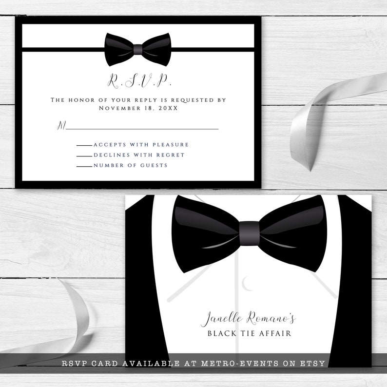Editable black and white RSVP card great for galas, black tie weddings, charity auctions, corporate parties & more. Featuring a tuxedo bowtie and elegant, editable typography. Designed by MetroEvents.