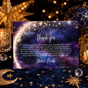 Puede incluir: Una tarjeta de agradecimiento rectangular con un fondo de galaxia en tonos morados y azules profundos y una estela de estrellas doradas brillantes. El texto dice: Thank you, THIS IS AN INSTANT DOWNLOAD THANK YOU CARD THAT IS FULLY EDITABLE, y Metro-Events.