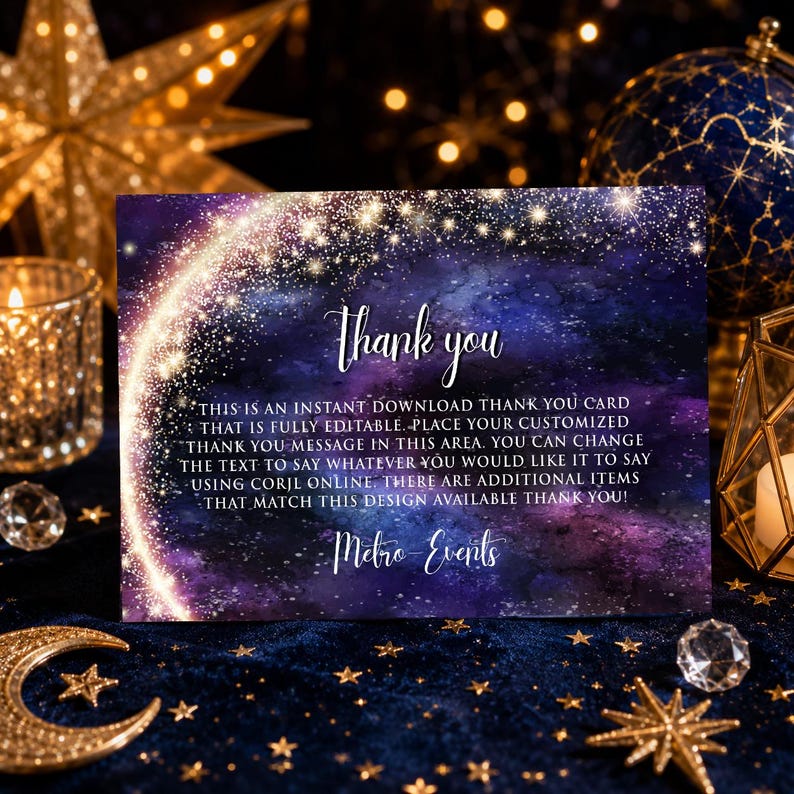 Puede incluir: Una tarjeta de agradecimiento rectangular con un fondo de galaxia en tonos morados y azules profundos y una estela de estrellas doradas brillantes. El texto dice: Thank you, THIS IS AN INSTANT DOWNLOAD THANK YOU CARD THAT IS FULLY EDITABLE, y Metro-Events.