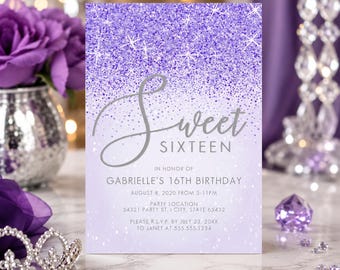 Editable Purple Glitter Sweet 16 Invitation, Glam Sweet Sixteen Party Invite, Elegant Purple Birthday Invitation Template, Printable Corjl