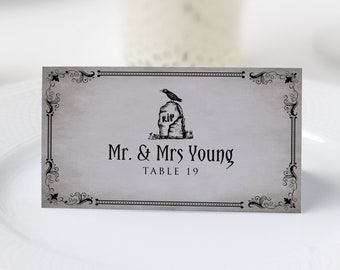 Vintage Halloween Placecard with Grey Background and Crow on Headstone, Name Card, Place Cards, Corjl Template