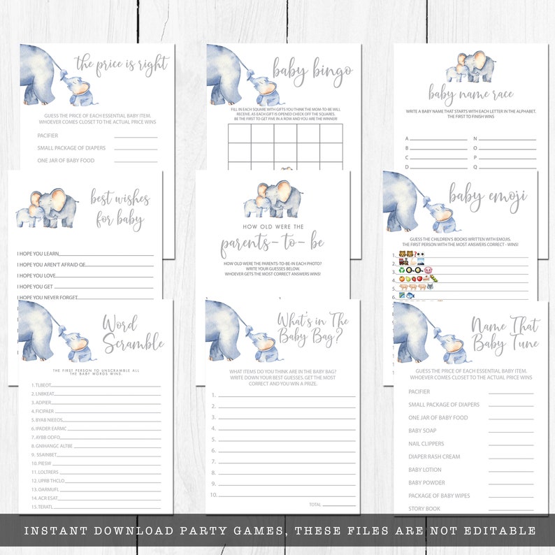 Elephant Baby Shower Game Kit Elephant Shower Games Baby Etsy