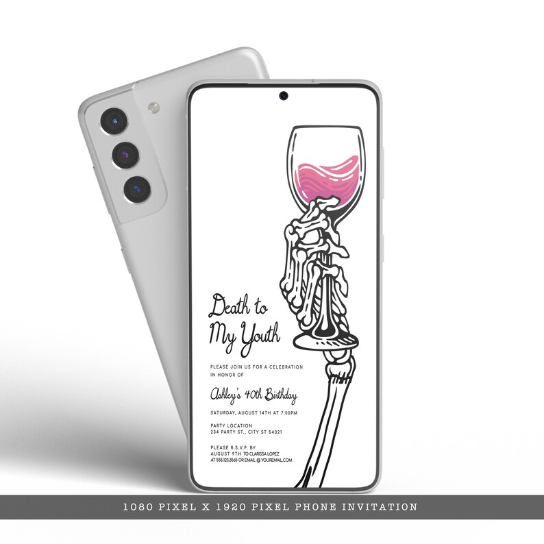 Digital Evite Invitation with Skeleton Hand and Wine Glass - Death to My Twenties Birthday Party - Corjl Template