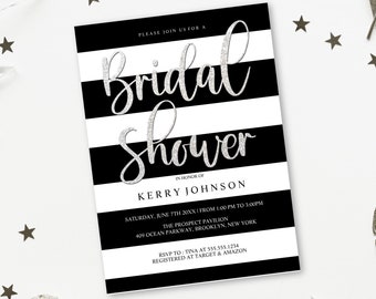 Bridal Shower Invitations, Black and White Striped Bridal Shower Invitations, Glitter Bridal Shower, Printable Invitations, Corjl Template