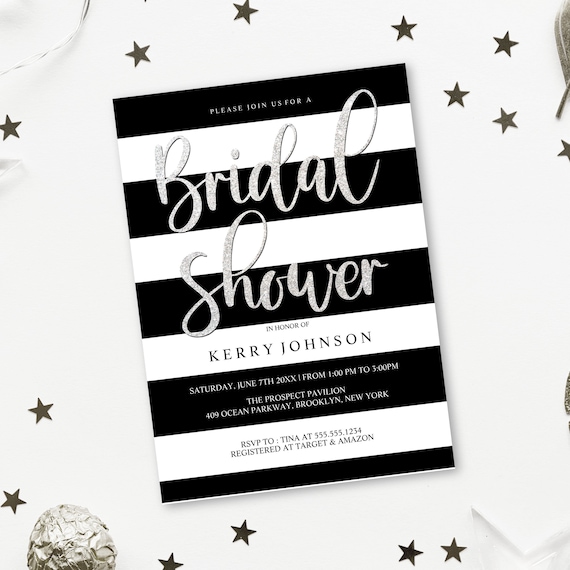 Bridal Shower Invitations, Black and White Striped Bridal Shower Invitations, Glitter Bridal Shower, Printable Invitations Il_570xn