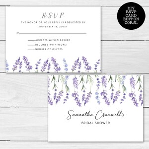 May include: Two white invitation cards with lavender floral accents. The top card is a response card with "R.S.V.P." and response options. The bottom card reads "Samantha Cromwell's Bridal Shower". The cards have text: "DIY RSVP CARD EDIT ON CORJL".