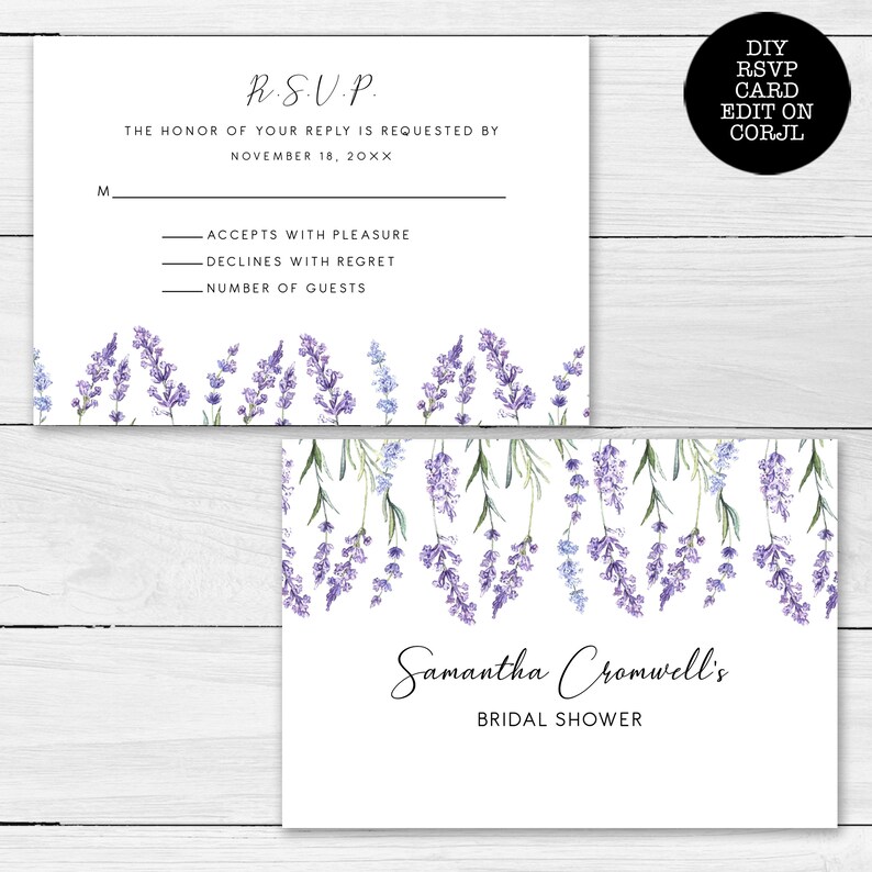 May include: Two white invitation cards with lavender floral accents. The top card is a response card with "R.S.V.P." and response options. The bottom card reads "Samantha Cromwell's Bridal Shower". The cards have text: "DIY RSVP CARD EDIT ON CORJL".