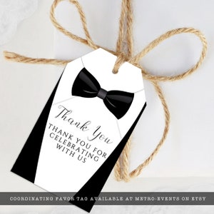 Editable black and white favor tag great for galas, black tie weddings, charity auctions, corporate parties & more. Featuring a tuxedo bowtie and elegant, editable typography. Designed by MetroEvents.