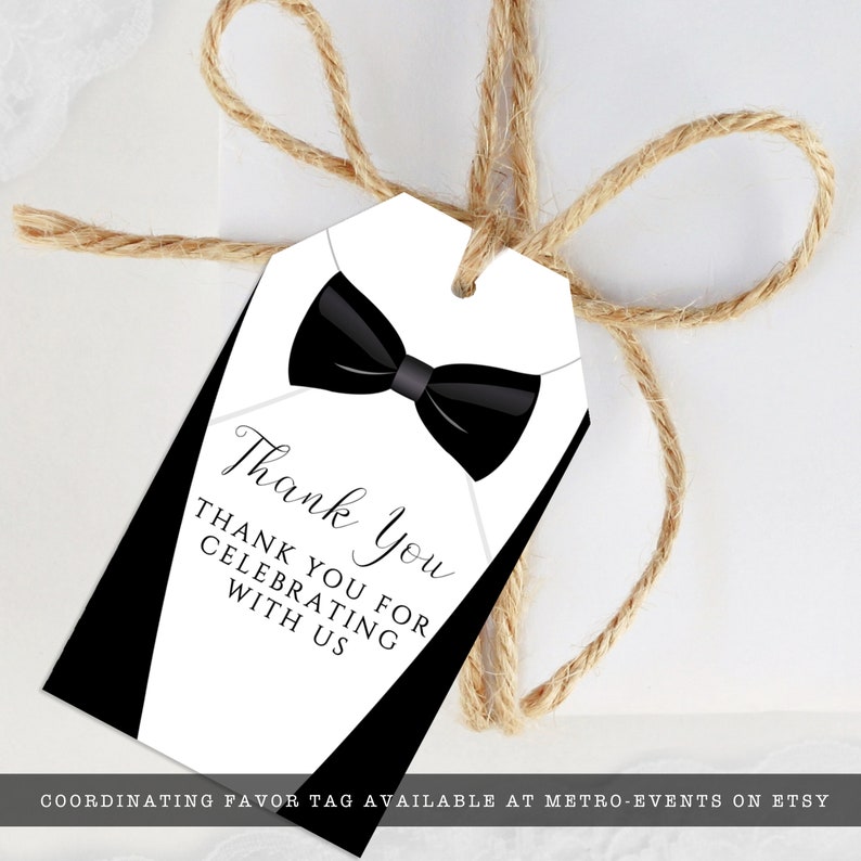Editable black and white favor tag great for galas, black tie weddings, charity auctions, corporate parties & more. Featuring a tuxedo bowtie and elegant, editable typography. Designed by MetroEvents.