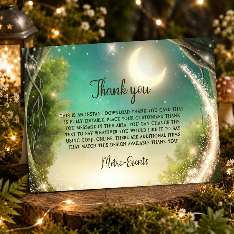 Op de afbeelding: Een rechthoekige bedankkaart met een maansikkel en een gloeiend spoor van sterrenstof tegen een groene bosachtergrond. De tekst luidt: Thank you, THIS IS AN INSTANT DOWNLOAD THANK YOU CARD THAT IS FULLY EDITABLE. Metro-Events.