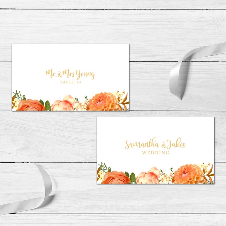 Editable Orange Floral Escort Cards Place Card Template - Etsy