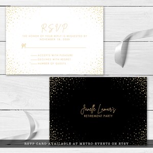 Modern Black and Gold Party Collection. Create your own customized party with this editable design. This RSVP card has a black background with gold specs around the corners and elegant typography.