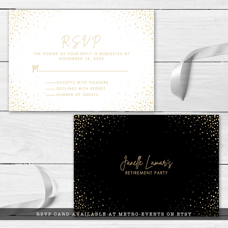 Modern Black and Gold Party Collection. Create your own customized party with this editable design. This RSVP card has a black background with gold specs around the corners and elegant typography.