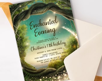 Enchanted Party Invitations, Gold Glitter invitations, Magical Birthday, Corjl Invitations, Printable Invitation, Enchanted Forest, Download
