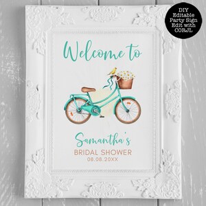 Rustic Bicycle and Daisy-Themed Bridal Shower Welcome Signs. This whimsical design is created with a vintage teal green bicycle with daisy accents and a yellow canary. Designed By MetroEvents.