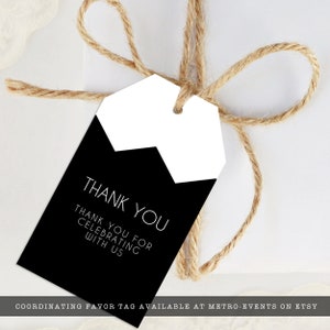 Modern and Sleek Black and White Party Gift or Favor Tags. Designed by MetroEvents.