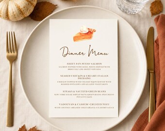 Editable Pumpkin Pie Thanksgiving Dinner Menu Template, 3 Sizes, Corjl Printable