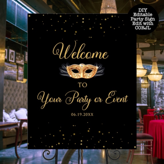 Masquerade Party Sign, Printable Welcome Sign, Editable Welcome Party Sign, Instant download, Corjl Template, Black and Gold Masquerade Sign Il_570xn