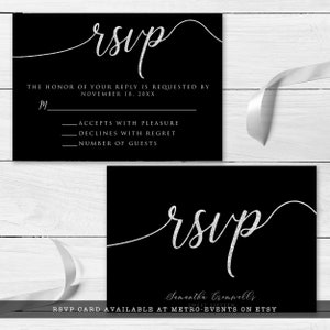 Minimalist Black and Silver RSVP cards Glamorous and Sparkling created with a black background and silver glitter accents. Designed by MetroEvents.