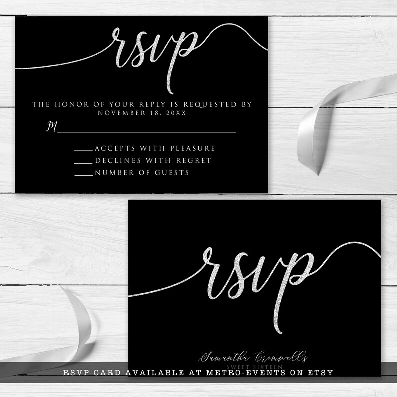 Minimalist Black and Silver RSVP cards Glamorous and Sparkling created with a black background and silver glitter accents. Designed by MetroEvents.