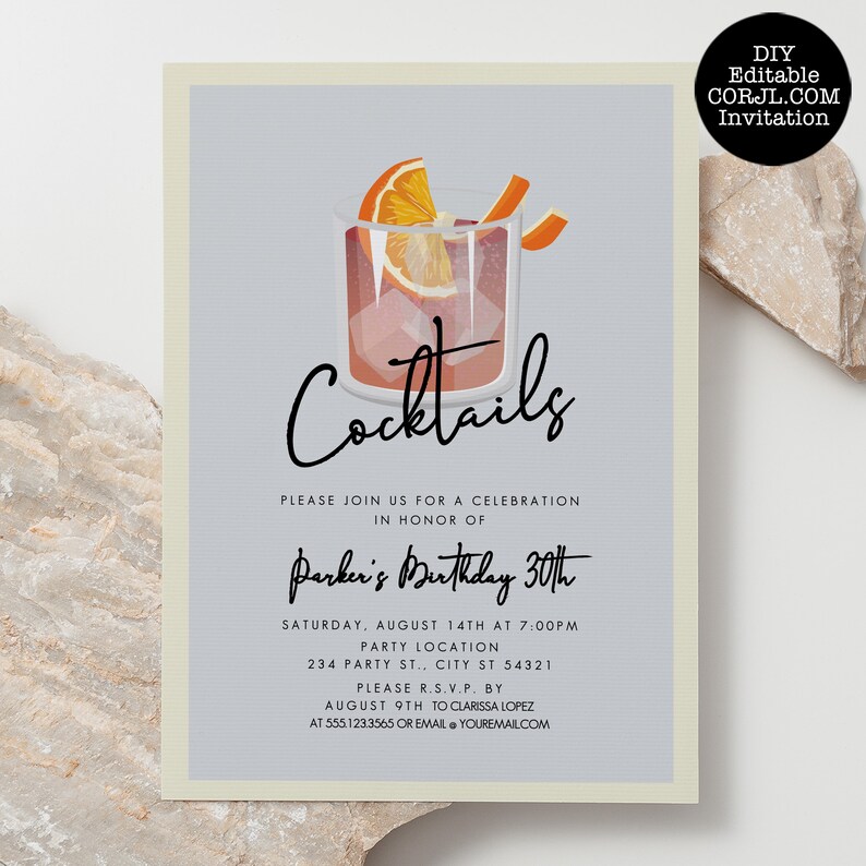 Minimalist Cocktail Party Invitation. A classy cocktail glass garnished with an orange and retro typography. Designed by MetroEvents.