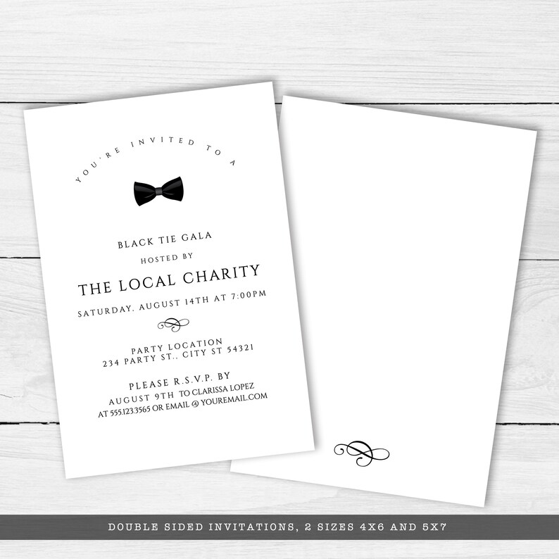 Editable black and white invitation great for galas, black tie weddings, charity auctions, corporate parties & more. Featuring a tuxedo bowtie and elegant, editable typography. Designed by MetroEvents.