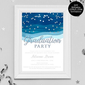 May include: A framed graduation party invitation with a watercolor design in shades of blue and silver confetti. The invitation includes the text "Graduation Party", graduate's name, date, time, location, and RSVP information.