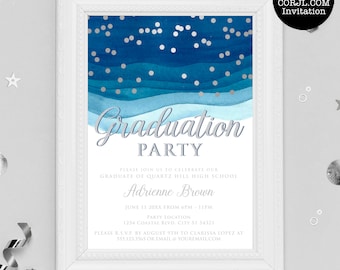 Blue and Silver Graduation Invitations, Graduation Party Invitations, College Graduate, High School Graduate, Announcements, Corjl Template