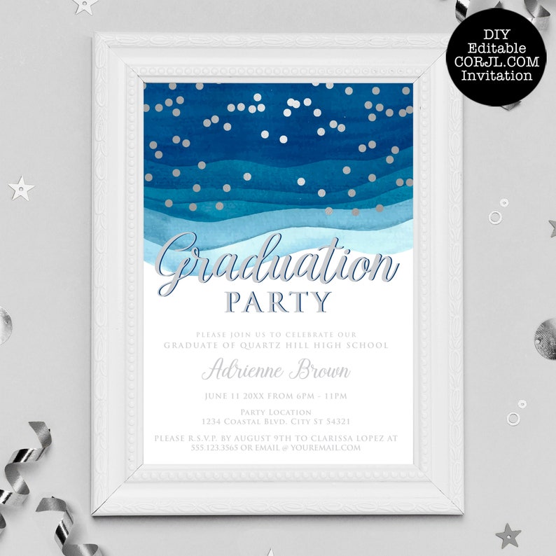 May include: A framed graduation party invitation with a watercolor design in shades of blue and silver confetti. The invitation includes the text "Graduation Party", graduate's name, date, time, location, and RSVP information.
