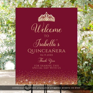 Maroon and Gold Glitter Party Sign. Designed with sparkles, faux gold glitter, gold crown with diamond, and burgundy background accents for a fabulous birthday. Designed By MetroEvents