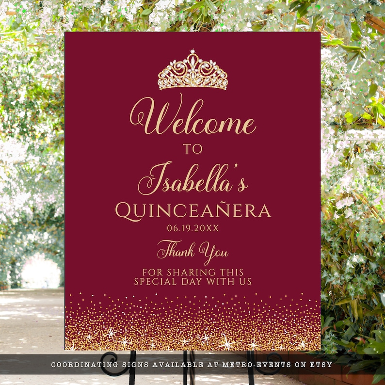 Maroon and Gold Glitter Party Sign. Designed with sparkles, faux gold glitter, gold crown with diamond, and burgundy background accents for a fabulous birthday. Designed By MetroEvents