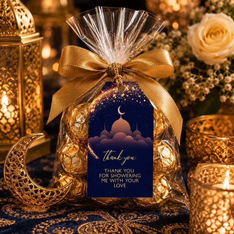 Peut inclure: Un sachet transparent rempli de chocolats emball&eacute;s dans du papier dor&eacute;, nou&eacute; avec un ruban de satin dor&eacute; et une &eacute;tiquette bleu fonc&eacute; avec un croissant de lune, une mosqu&eacute;e et le texte "thank you" et "THANK YOU FOR SHOWERING ME WITH YOUR LOVE".