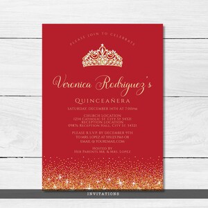 Red and Gold Glitter Quinceañera Invitations. Designed with sparkles, faux gold glitter, gold crown with diamond, and red background accents for a fabulous birthday. Designed By MetroEvents