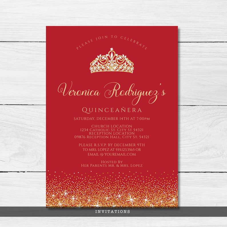Red and Gold Glitter Quinceañera Invitations. Designed with sparkles, faux gold glitter, gold crown with diamond, and red background accents for a fabulous birthday. Designed By MetroEvents