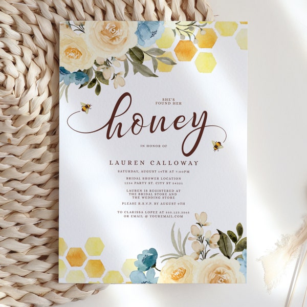 Bee Bridal Shower Invitation, Honey Bee Invitation, Floral Bridal Shower Invitation, Instant Download Bee Instant Download Corjl Template