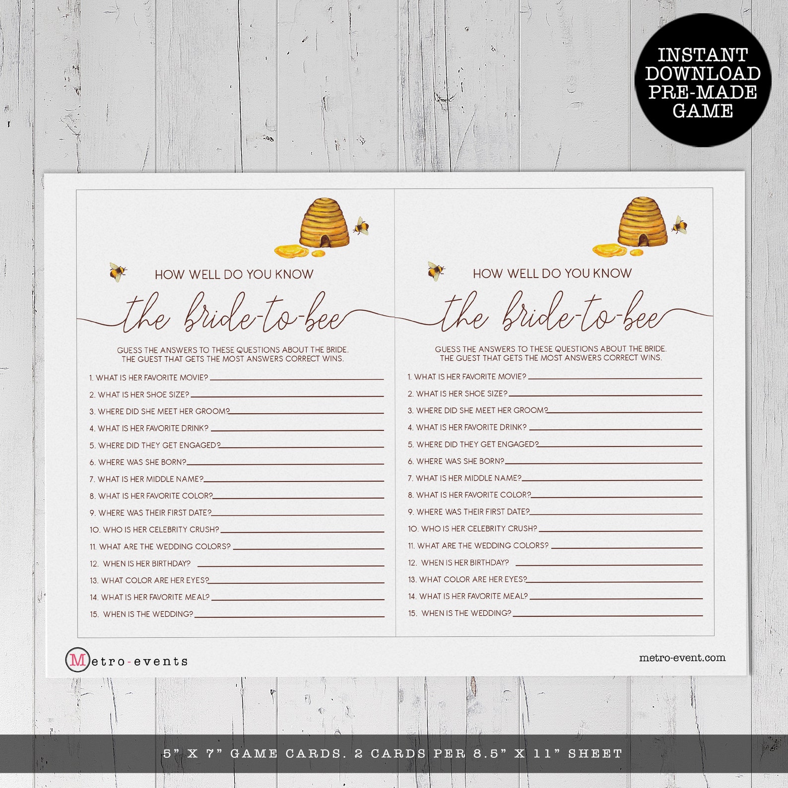 Bride to Bee Bridal Shower Game, How Well Do You Know the Bride, Themed ...