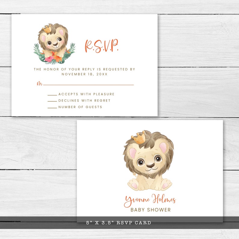 May include: A set of two white RSVP cards. One card features a lion cub illustration with text "R.S.V.P." and details. The second card has a lion cub illustration and the text "Yvonne Holmes BABY SHOWER". The cards measure 5" x 3.5".