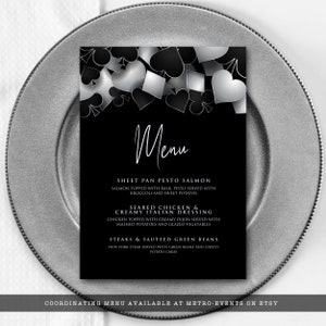 Printable Digital Party Invitation with Customizable Corjl Template - Silver and Black Casino Night with Hearts Spades Clubs Diamonds - Perfect for Birthday Parties