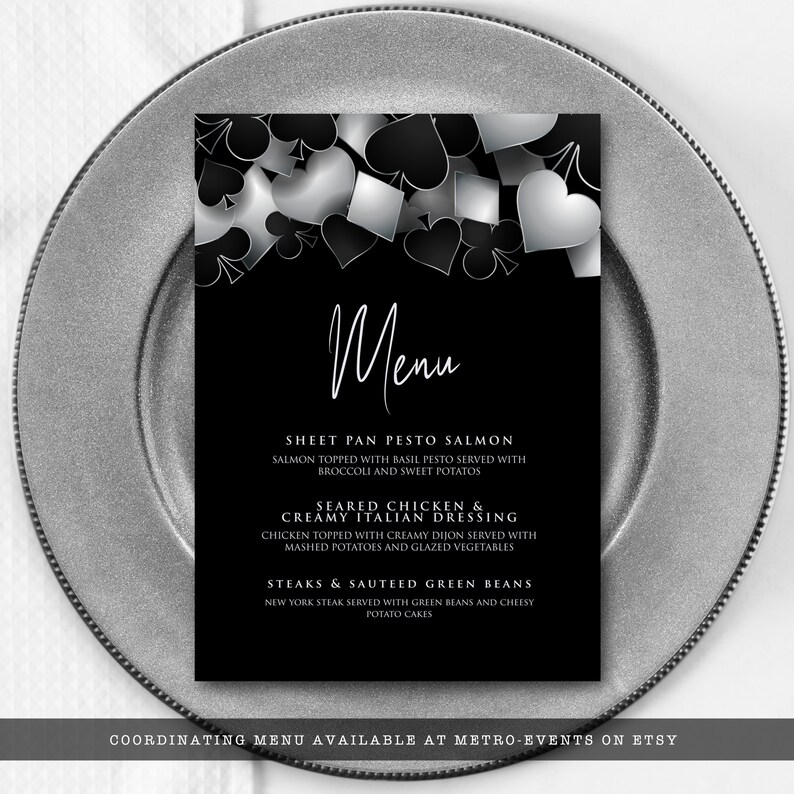 Printable Digital Party Invitation with Customizable Corjl Template - Silver and Black Casino Night with Hearts Spades Clubs Diamonds - Perfect for Birthday Parties