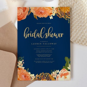 Navy and Orange Floral, Printable Bridal Shower Invitations, Floral Bridal Shower Invitations, Editable Invitation, Bridal Shower Invitation