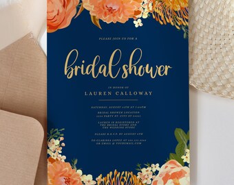 Brautparty-Einladungen mit floralem Muster: Orange Blumen mit goldenen Akzenten (Digitaler Download)