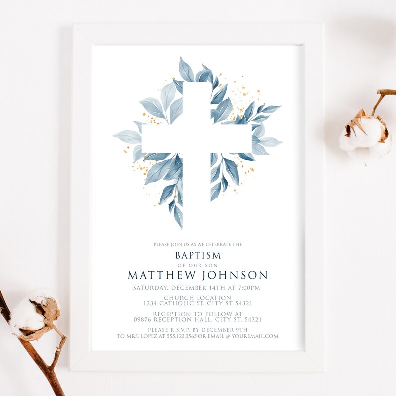 Blue Foliage Baptism Invitation, Baptism Invites, Printable Invitations, Instant Download, First Communion Invite, Christening announcements image 7