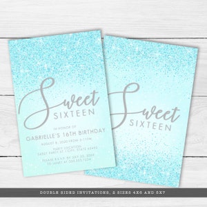 All the glam and sparkle needed for any sweet 16 party, this sweet 16 birthday invitation is created with sparkling faux aqua glitter on a coordinating background.