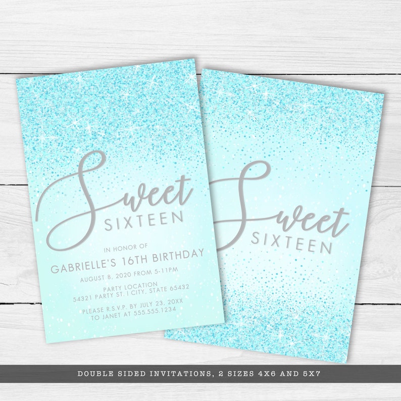 All the glam and sparkle needed for any sweet 16 party, this sweet 16 birthday invitation is created with sparkling faux aqua glitter on a coordinating background.