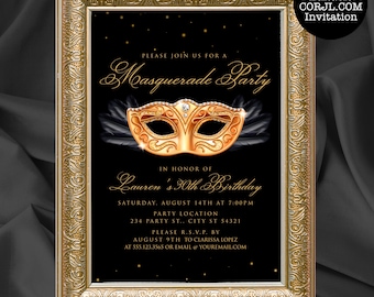 Gold Masquerade Birthday Invitation, Elegant Mask (Corjl Template)